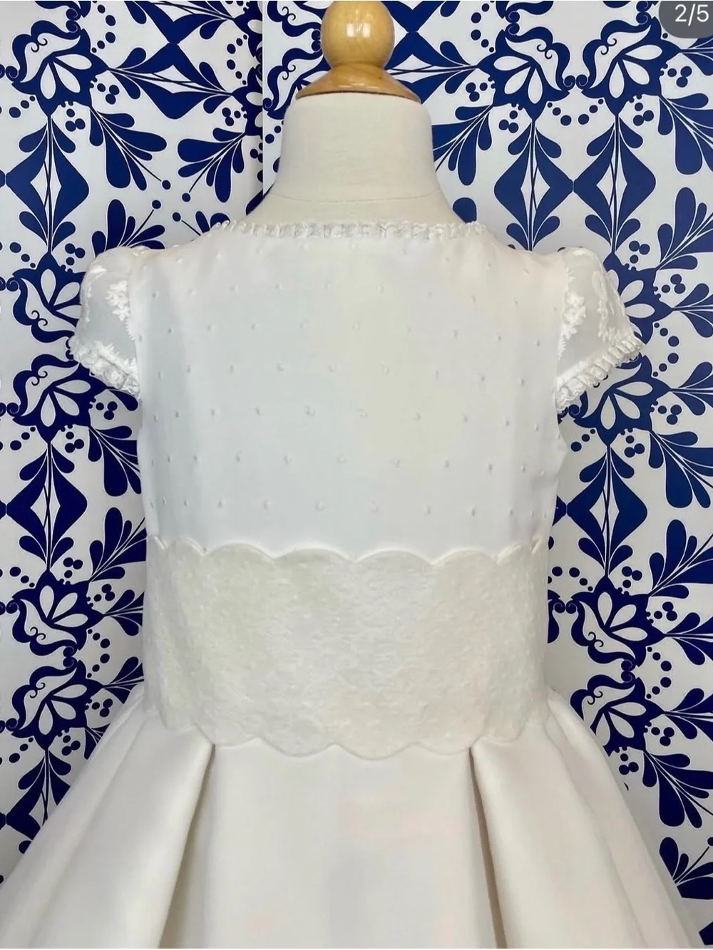 Marta y Paula Girls' White Satin Communion Dress with Lace Cap Sleeves